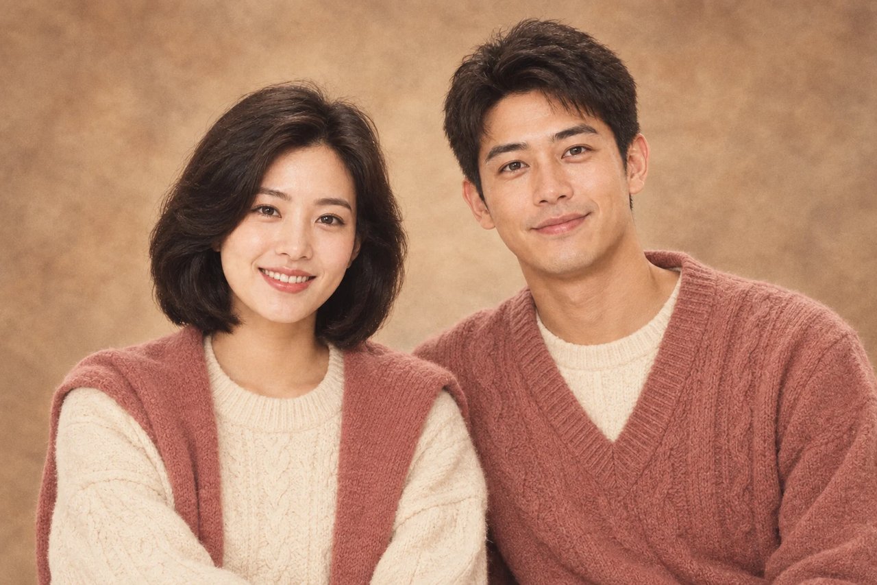Two adults wearing coordinated knitwear in a warm studio setting.