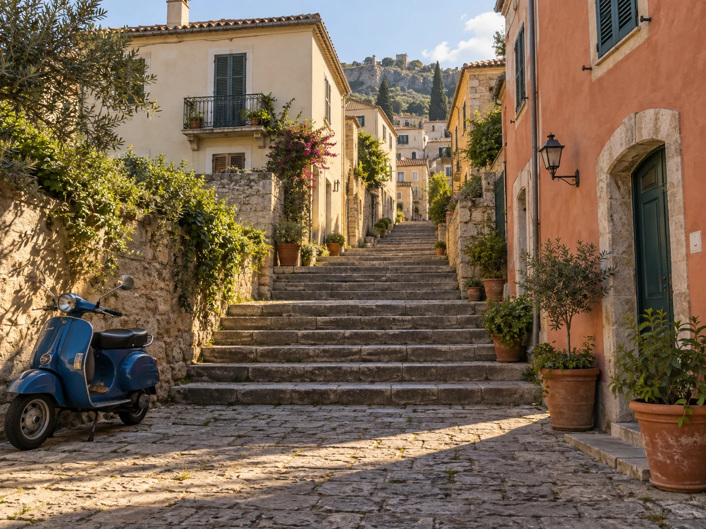 Original Mediterranean stepped street with warm stucco houses, potted plants, and a blue scooter.