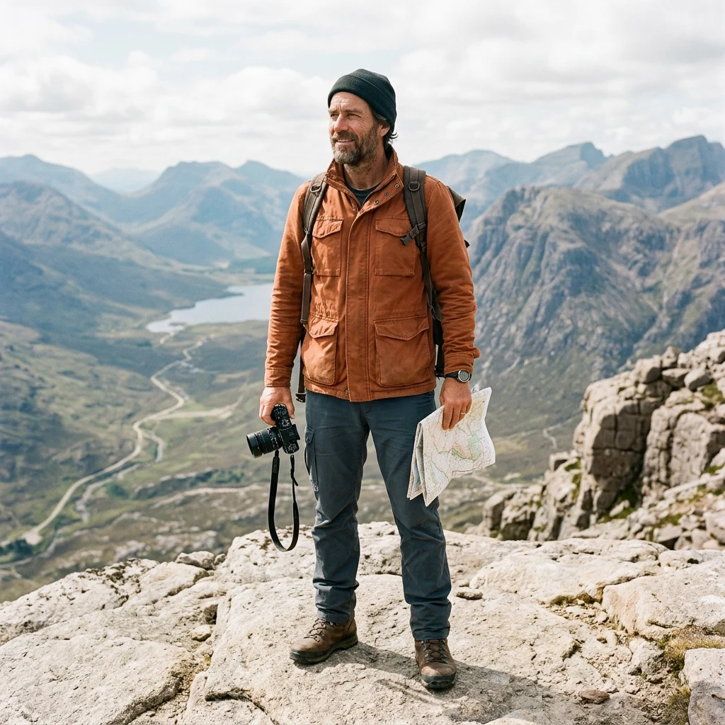 An adult wilderness photographer in a burnt-orange field jacket holding a camera and folded map on a mountain overlook.