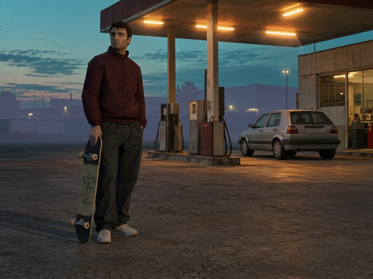 Early-console game-style rendering of the same skateboarder, track jacket, skateboard, and gas station.