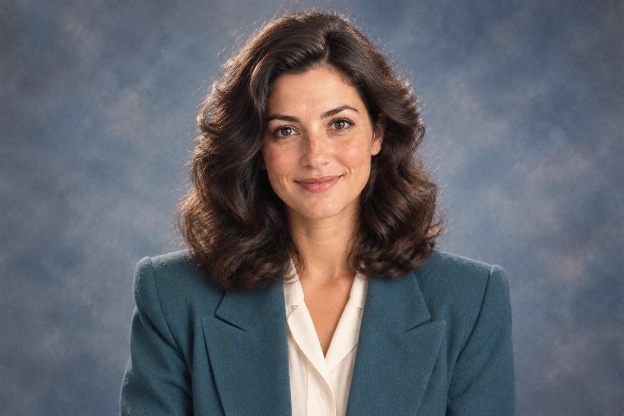 Teal jacket portrait against a softly lit studio backdrop.