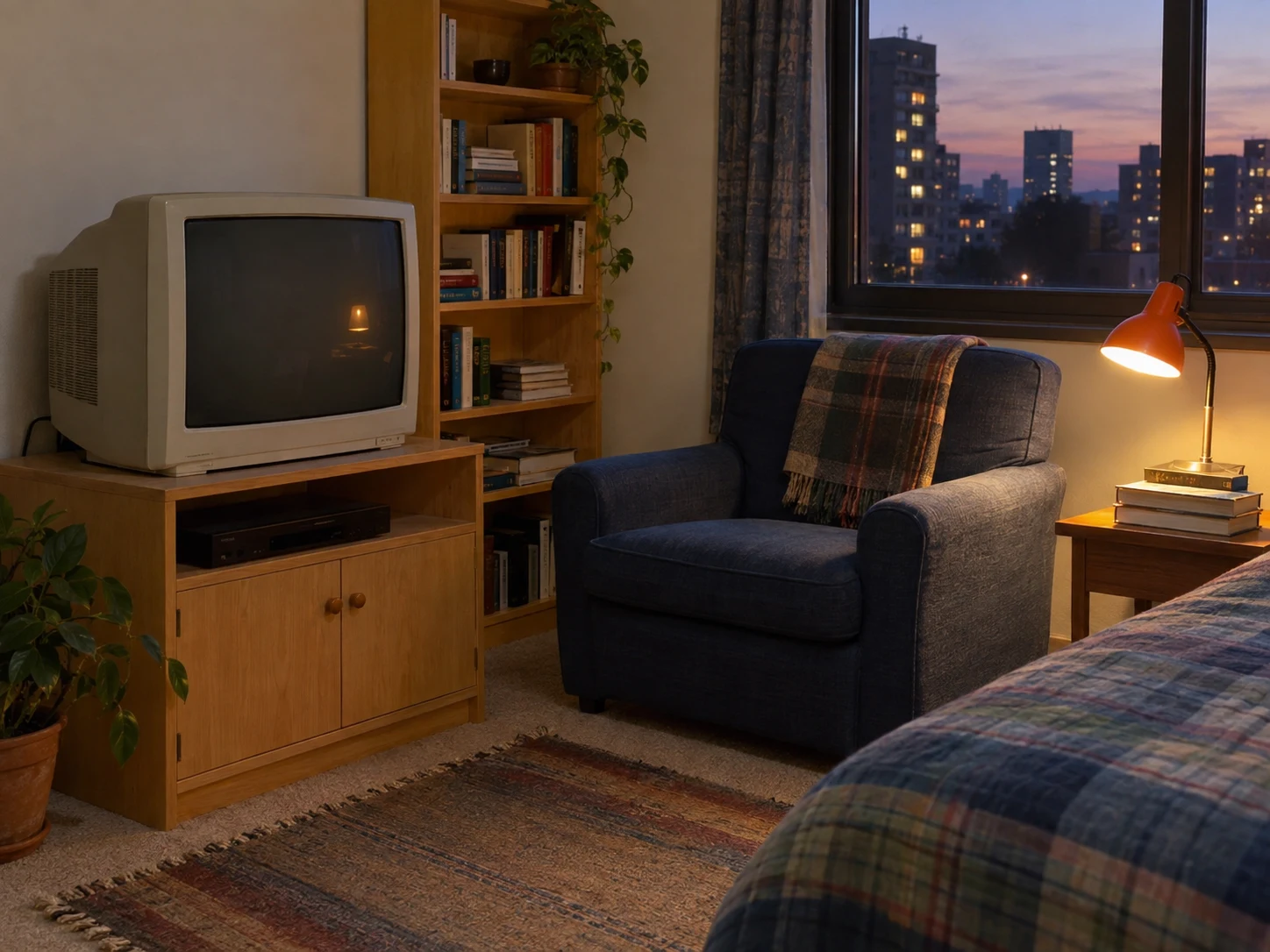 Original cozy room with a cream CRT television, blue armchair, orange lamp, and evening city window.