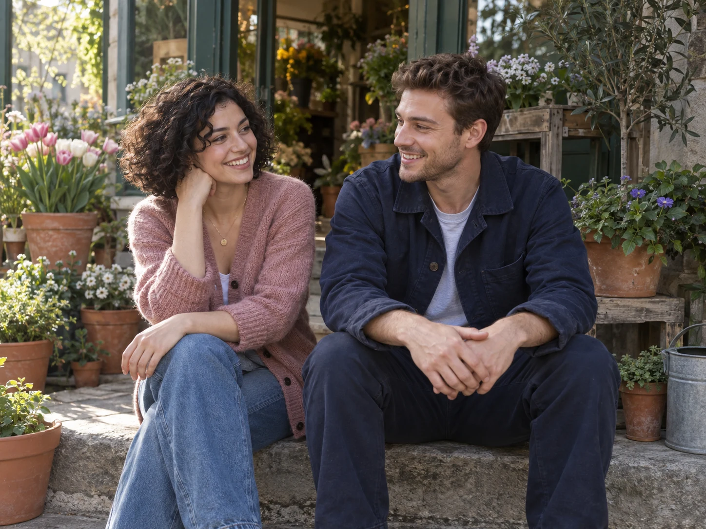 Original photograph of two adult friends in pink and navy clothing outside a flower shop.
