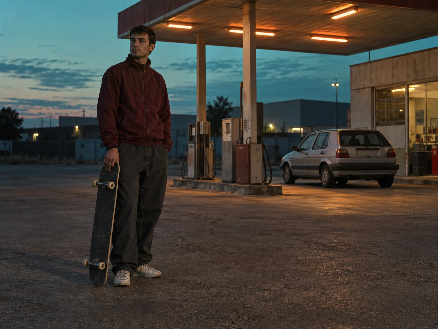 Original adult skateboarder in a burgundy track jacket beside a gas station at twilight.