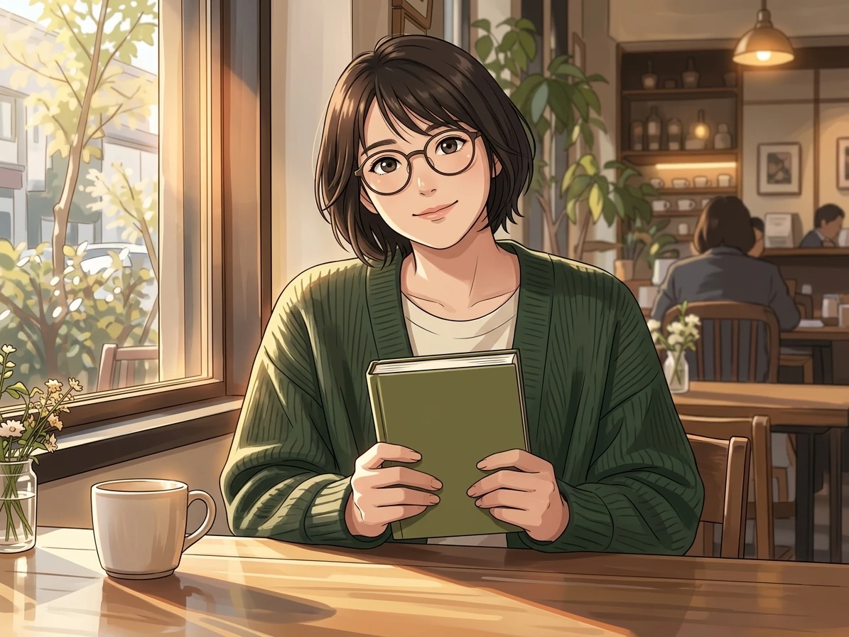 Anime portrait of the same reader with her bob haircut, round glasses, green cardigan, and book held in both hands.