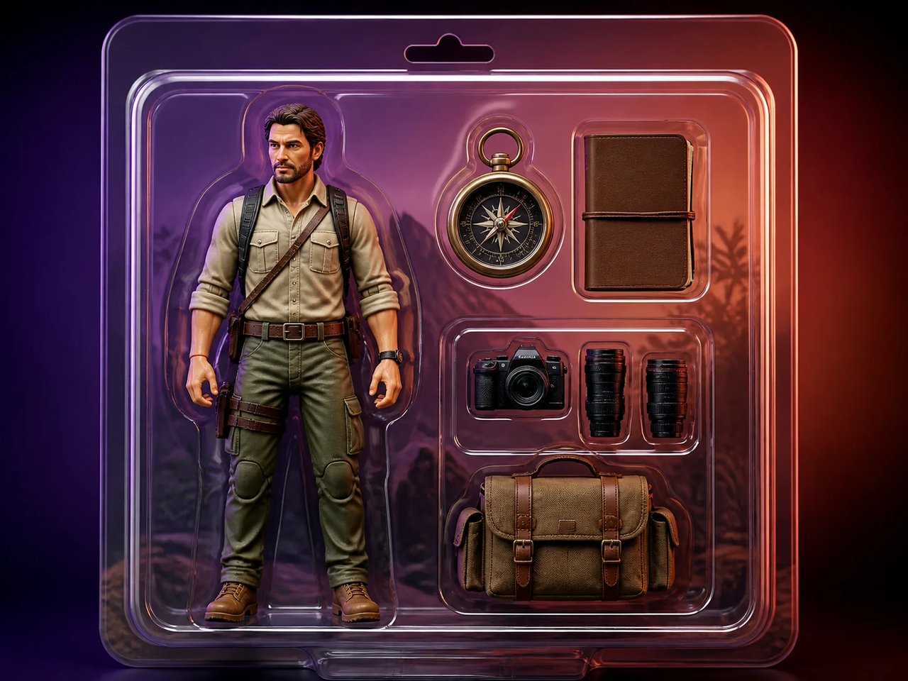 An explorer collectible concept with camera and field accessories.