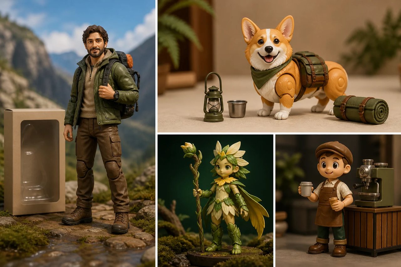 Four AI Action Figure Generator applications: a personalized explorer collectible, a corgi figure, an original fantasy guardian, and an unbranded coffee-shop mascot.