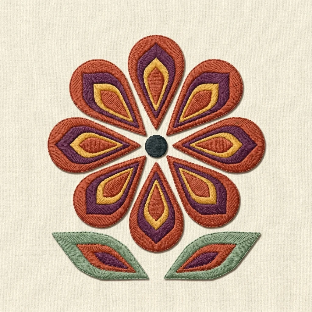 The same geometric flower motif rendered as embroidery on pale cotton canvas with crisp satin edges and directional fills.