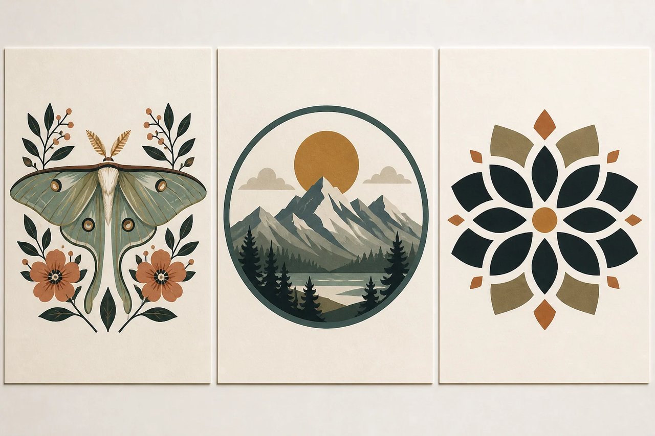 Three embroidery-ready source motifs with clear silhouettes and color regions: a botanical moth, a mountain badge, and a geometric flower.