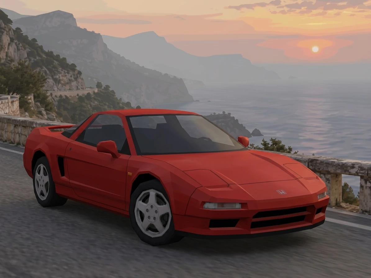 Low-poly game-style red coupe on the same coastal road, with simplified bodywork, wheels, and distant cliffs.