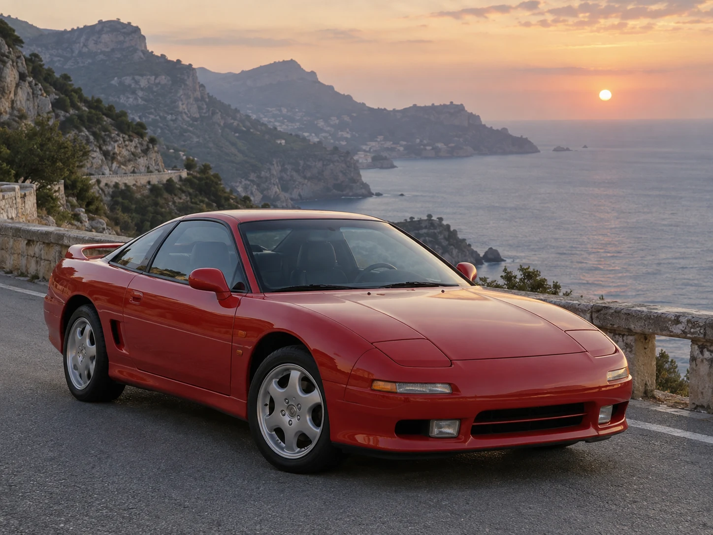 Original red sports coupe parked on a coastal mountain road at sunset.