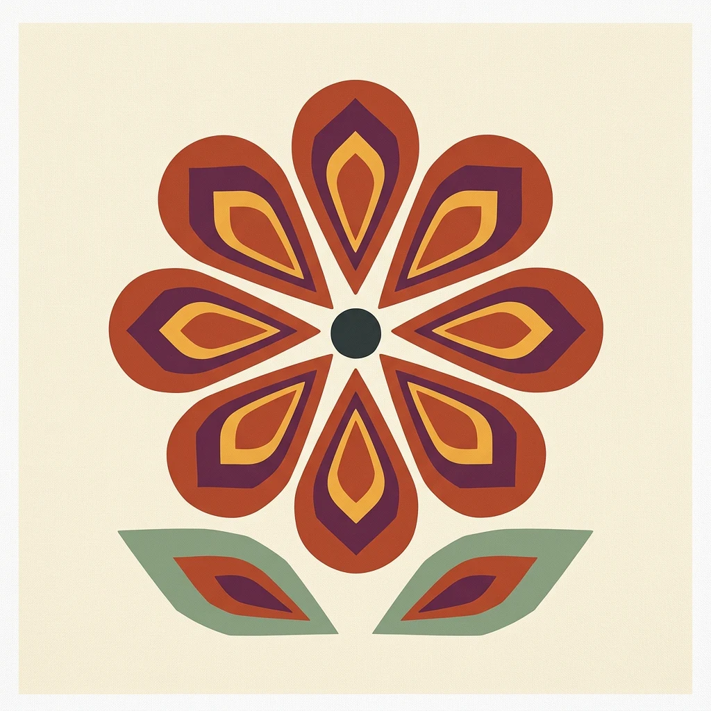A flat geometric eight-petal flower motif with two leaves and a limited warm color palette.