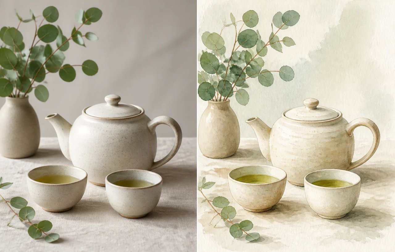 A white teapot, cups, and eucalyptus shown as a source photo beside a restrained Watercolor Filter result.