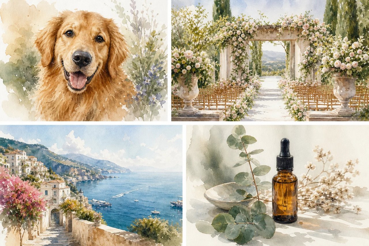 Four Watercolor Filter use cases: a pet keepsake, a wedding venue illustration, a travel journal scene, and a botanical product editorial concept.