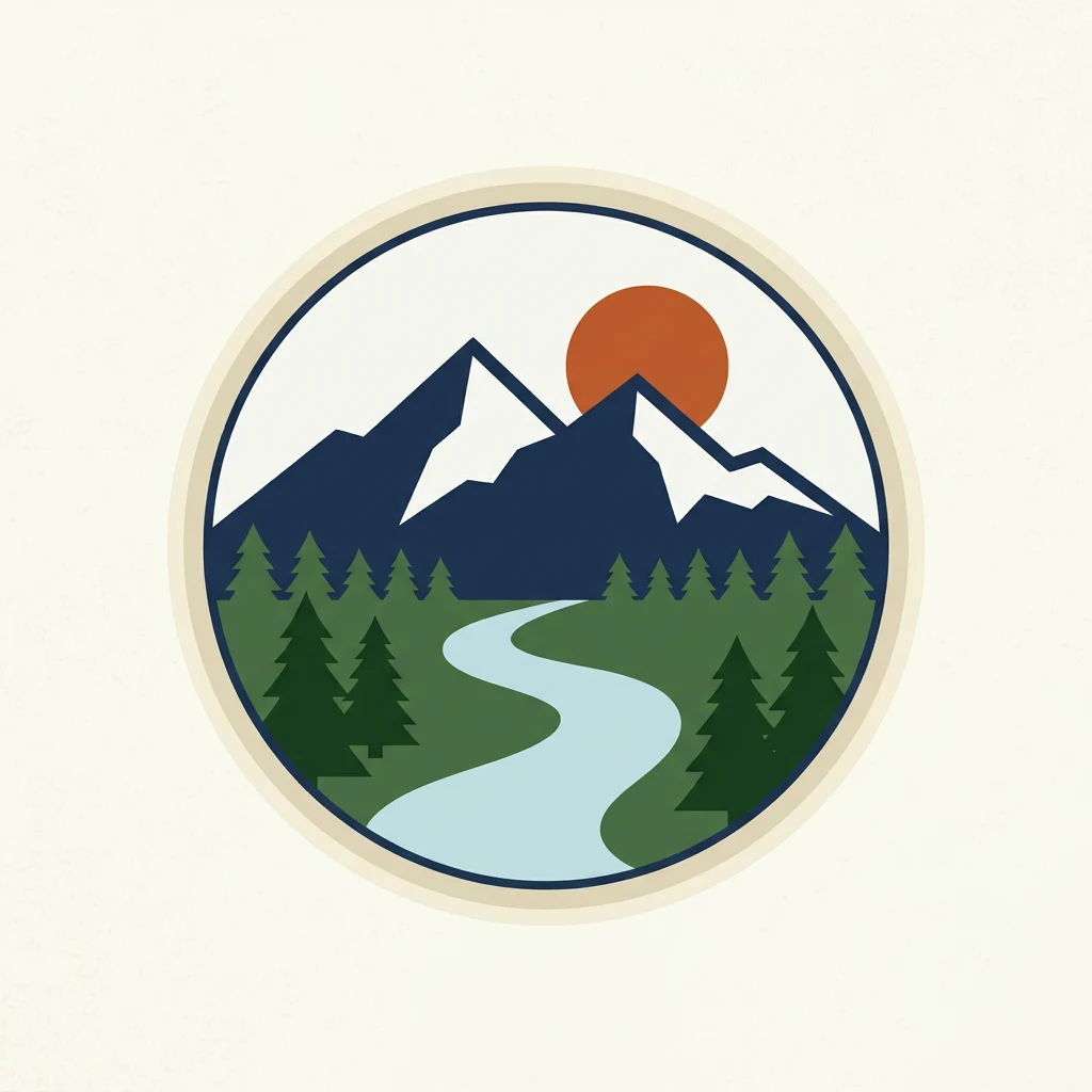 A flat circular mountain badge with two peaks, a sun, a river, and pine trees.