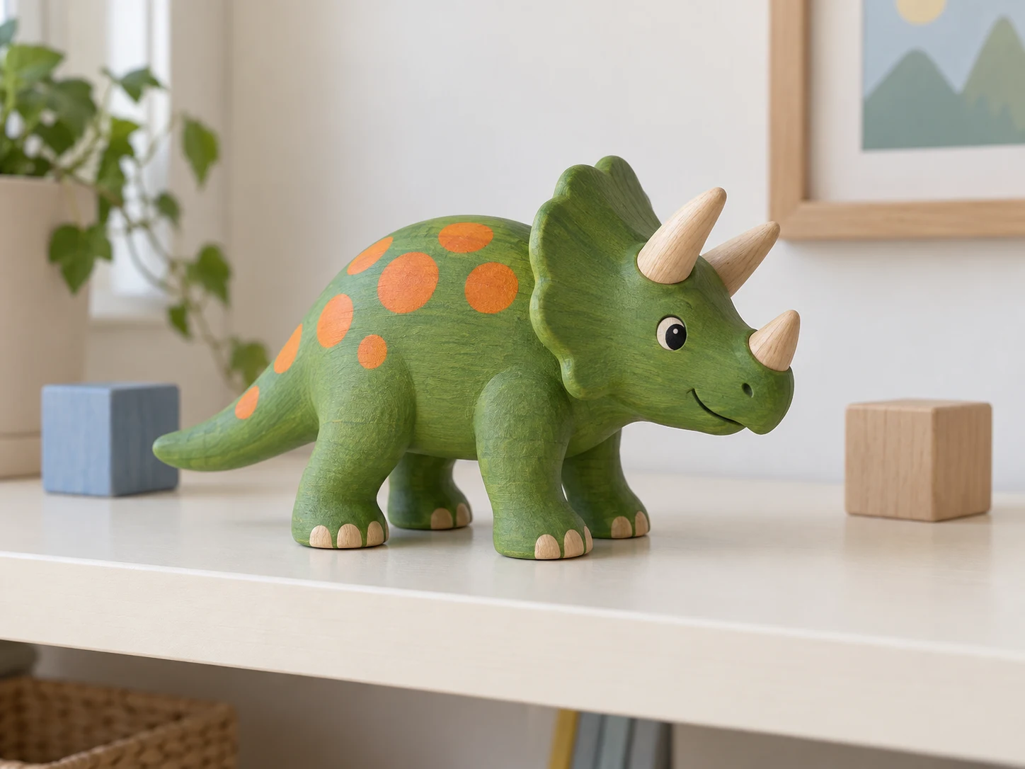 Original green wooden triceratops toy with orange spots and two blocks on a playroom shelf.