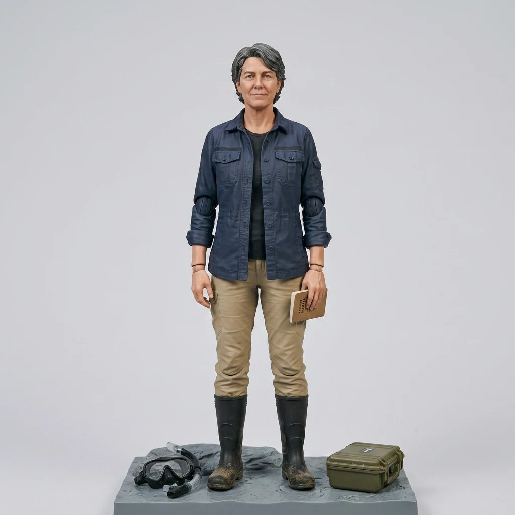 The same marine field researcher transformed into an articulated display figure with the original notebook, diving mask, and specimen case.