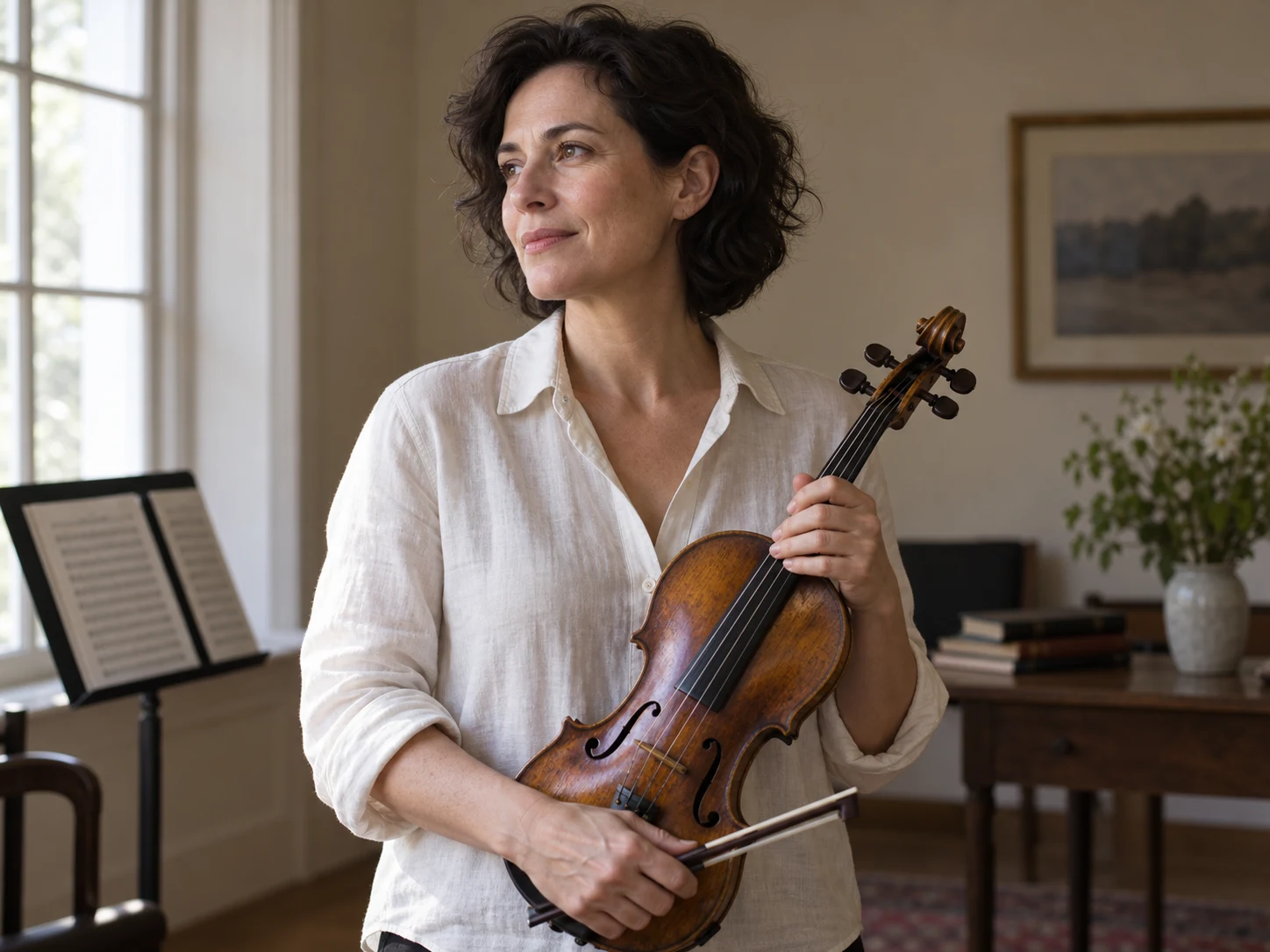 Original photograph of an adult violinist in an ivory linen shirt beside a rehearsal-room window.