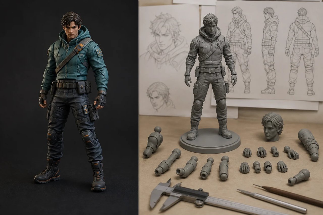 A collectible figure concept beside a clay prototype, separated parts, measurement tools, and controlled turnaround drawings for the next production stage.