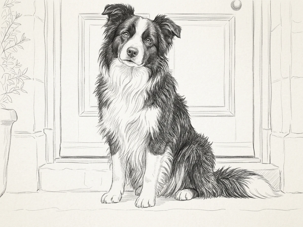 Graphite sketch of the same border collie, with pencil shading separating its dark coat from white chest and paws.