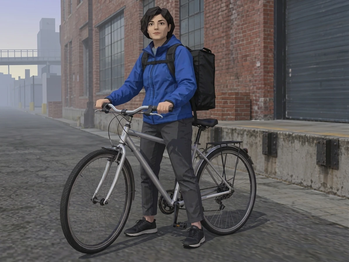 Low-poly game-style courier in a cobalt jacket with a silver bicycle and simplified city surroundings.