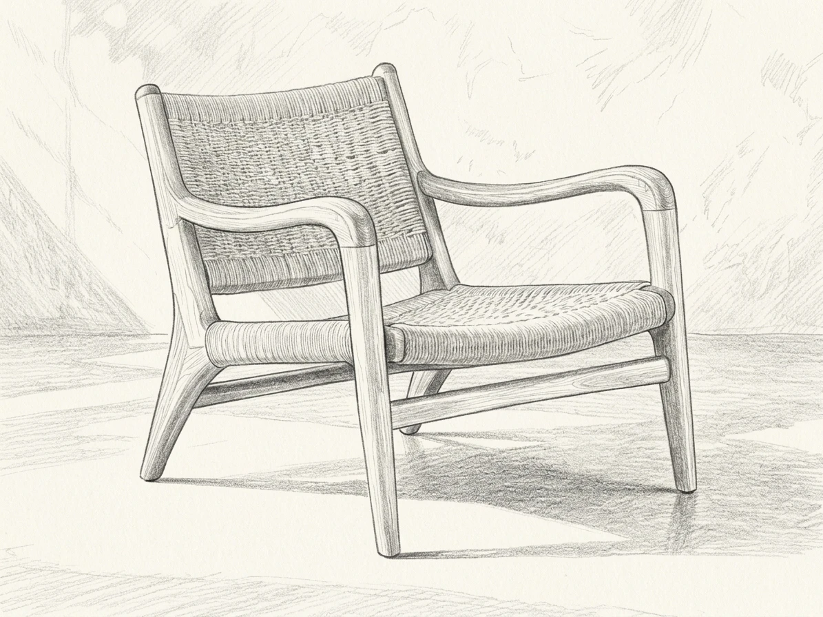 Pencil drawing of the same oak and rope chair with curved armrests, angled legs, and woven surfaces.