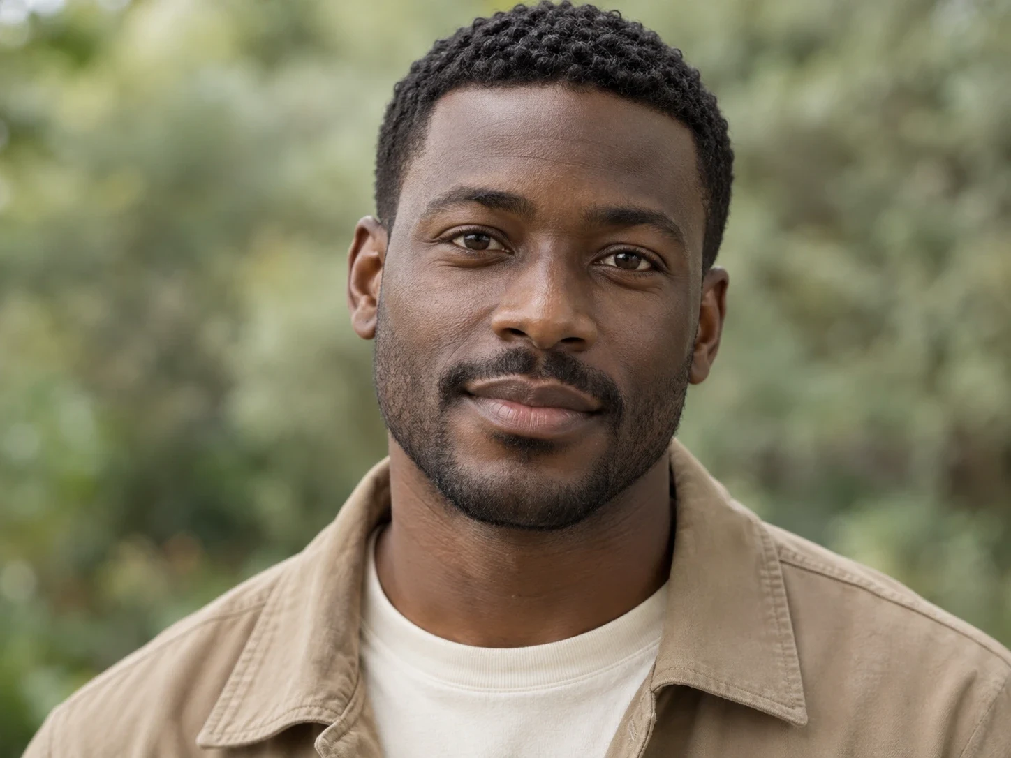 Original adult Black man with short facial stubble and a tan jacket against a softly blurred green background.