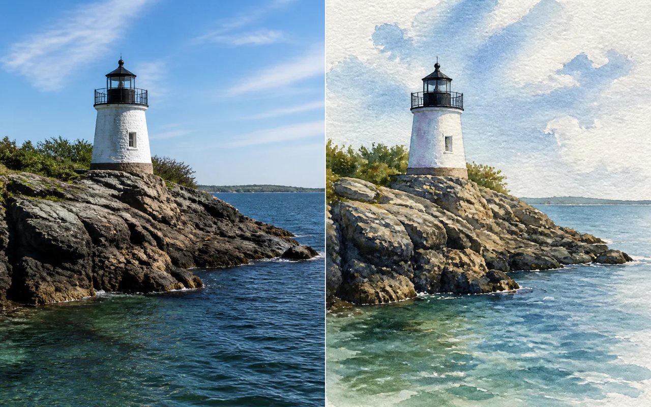 A white lighthouse on a rocky coast shown as a source photo beside a pale blue Watercolor Filter result.