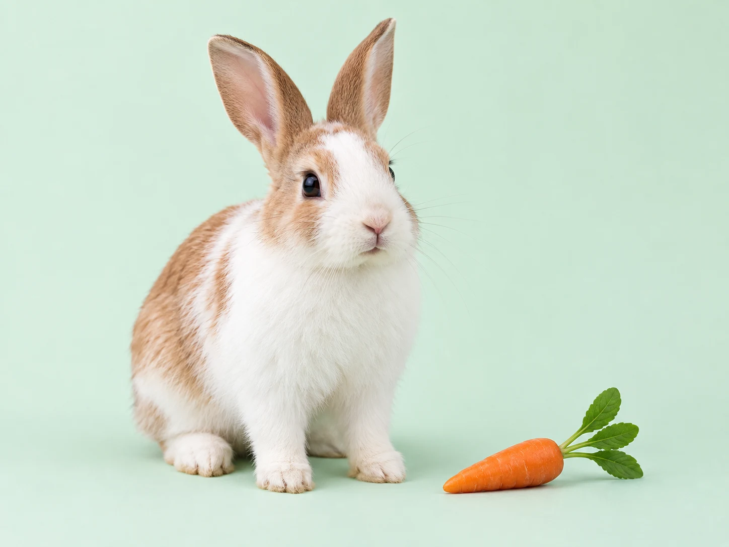 Original white-and-caramel rabbit beside a carrot against a simple pale mint background.