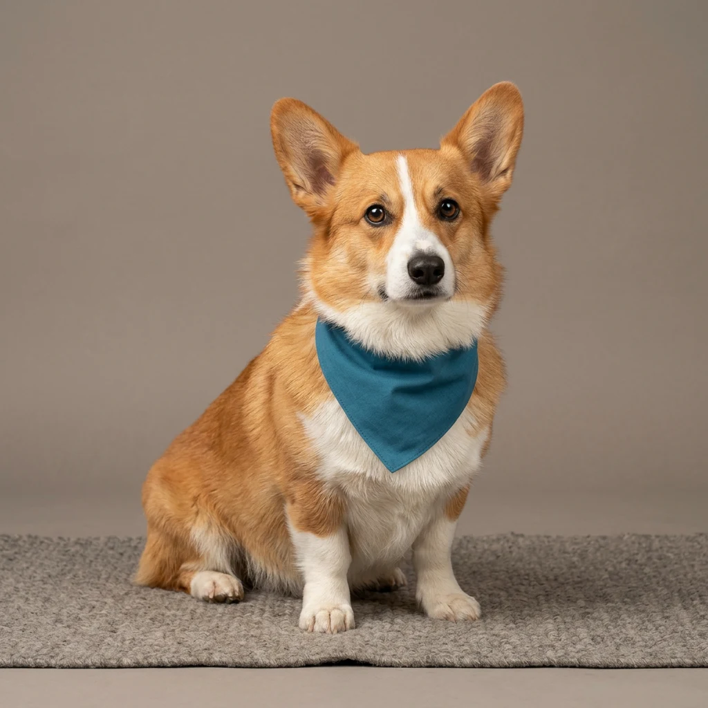 A copper-and-white corgi wearing a plain teal bandana in a clean studio portrait.