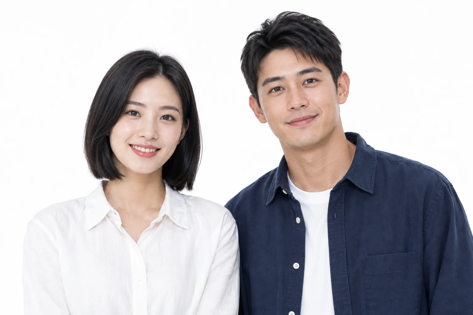 Two adult partners posing together against a white background in contemporary casual clothing.