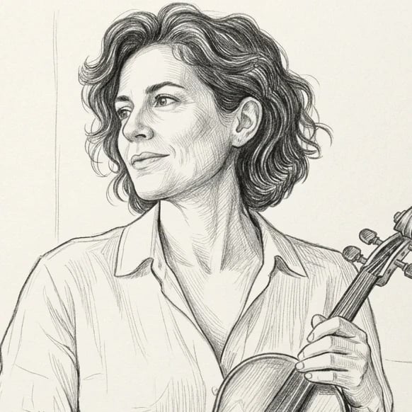 Enlarged detail from the violinist pencil result, showing facial contours, hatching, and white paper areas.