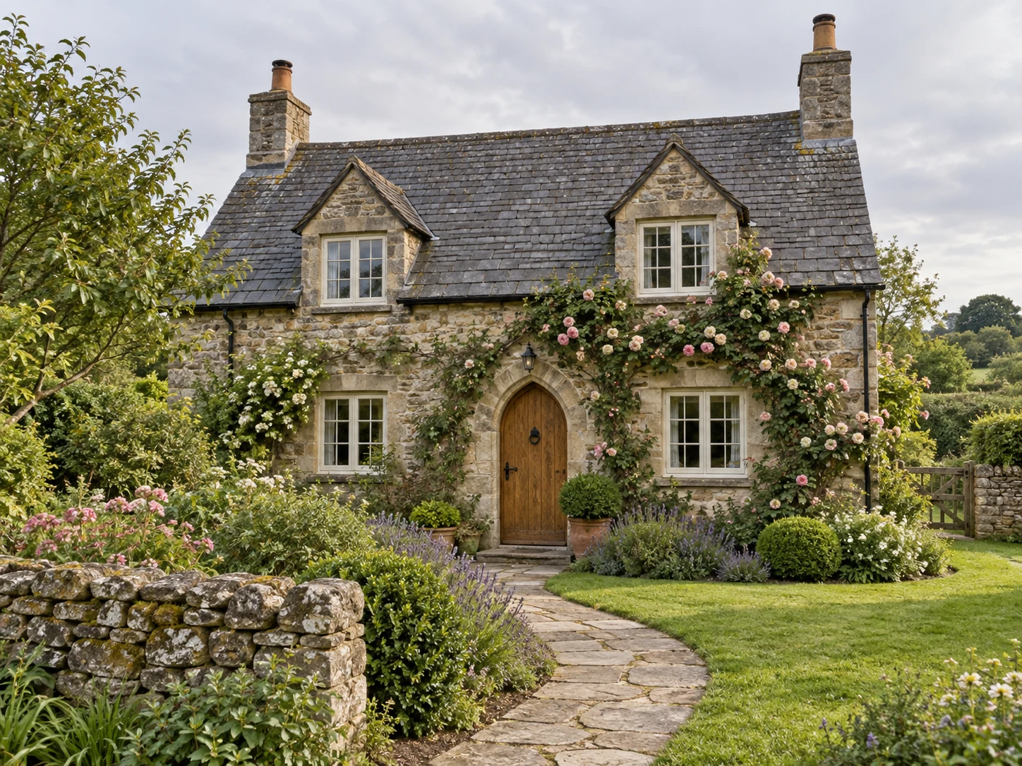 Original English stone cottage with a slate roof, arched oak door, climbing roses, and a garden path.