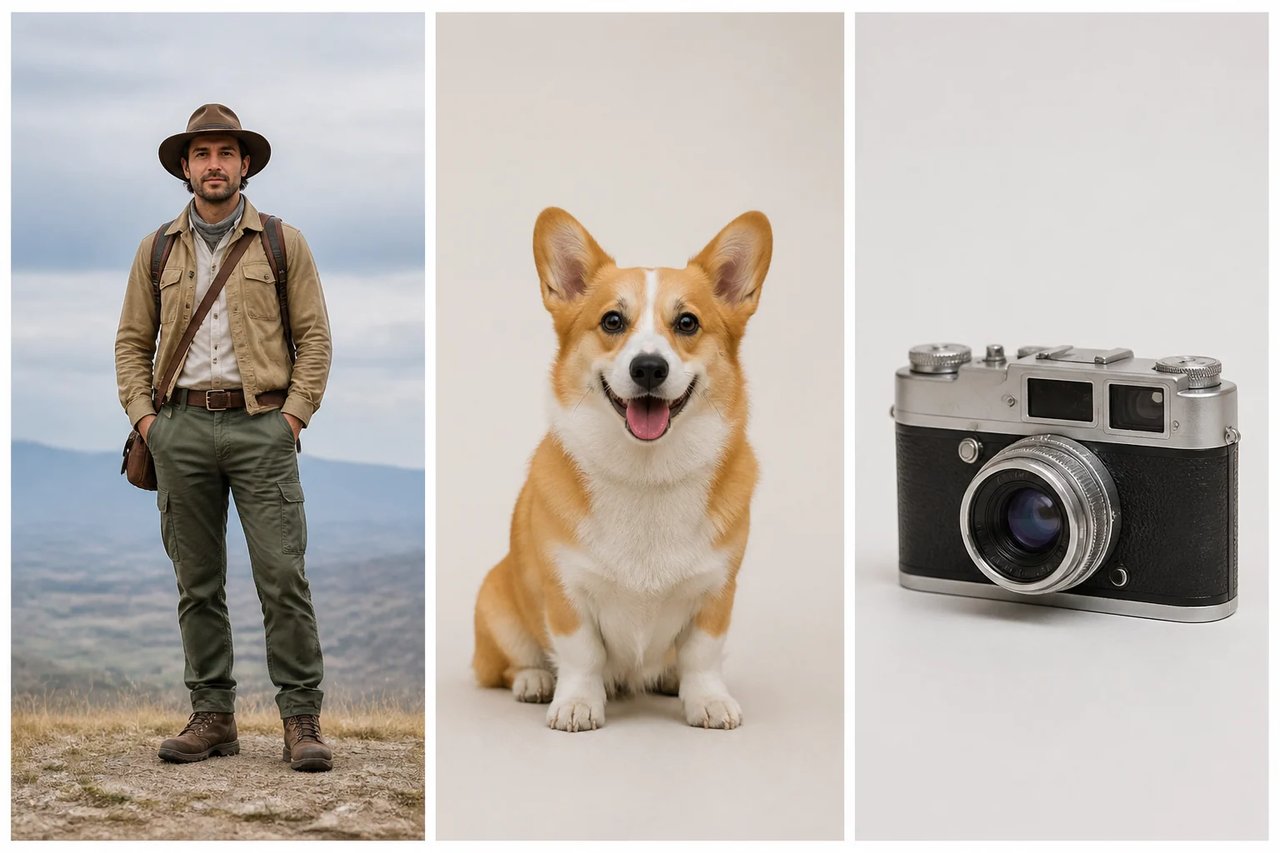 Three clean AI Action Figure Generator source compositions: a full-body outdoor explorer, a seated corgi with visible silhouette, and a retro camera product with separated details.