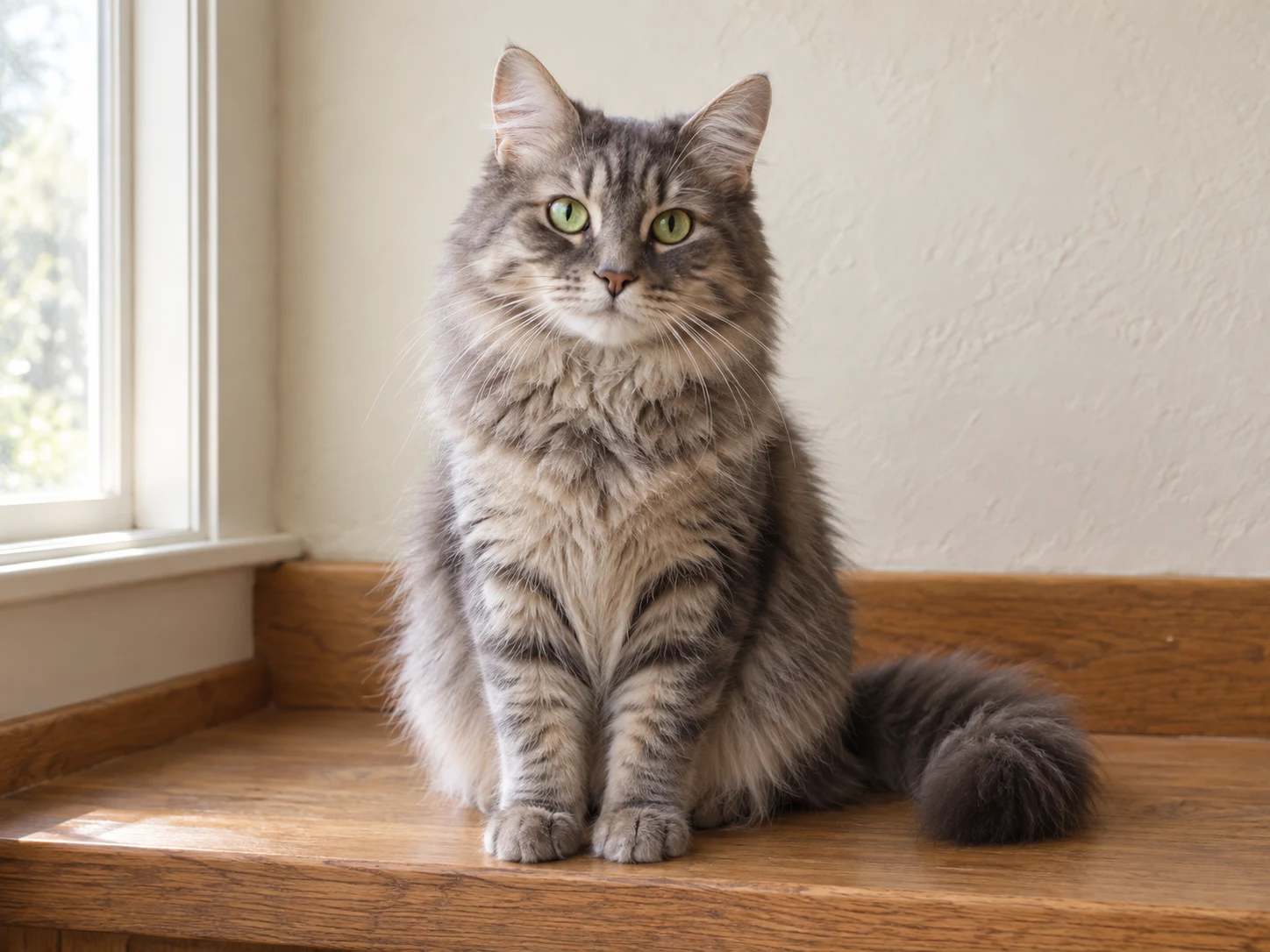 Original gray tabby cat with green eyes and a curled tail sitting on an oak window bench.