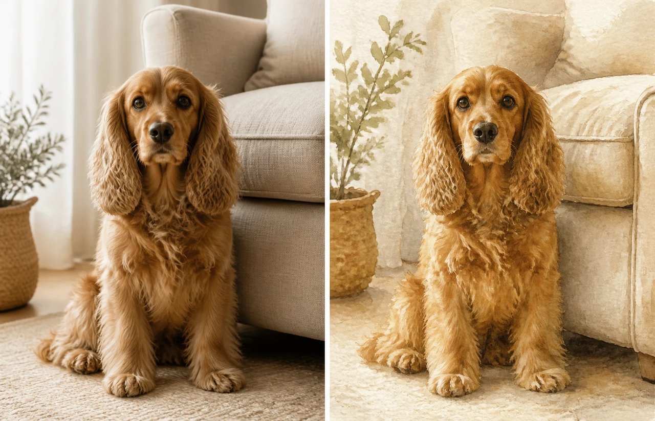 A golden spaniel sitting beside a sofa shown as a source photo beside a warm Watercolor Filter result.