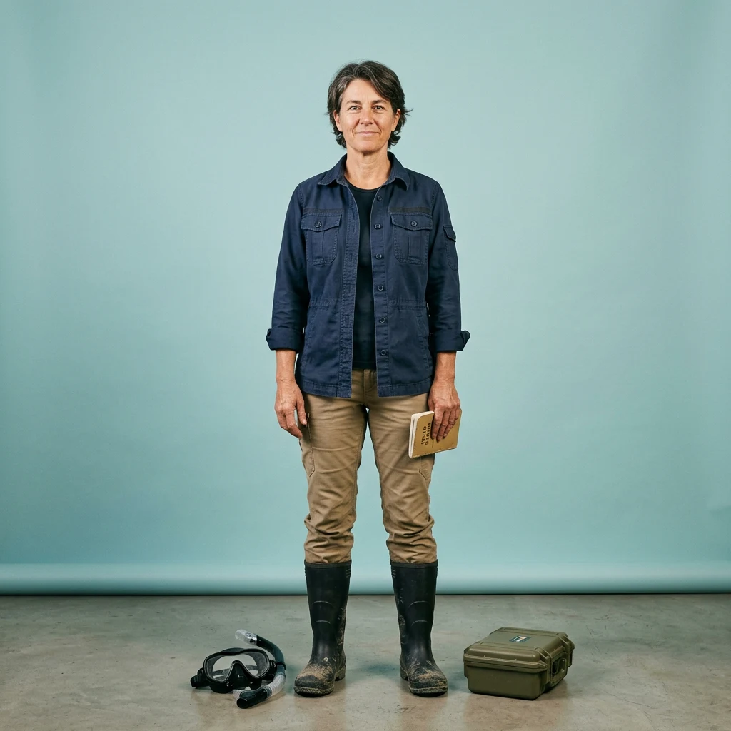 An adult marine field researcher in navy and sand field clothing with a notebook, diving mask, and specimen case.