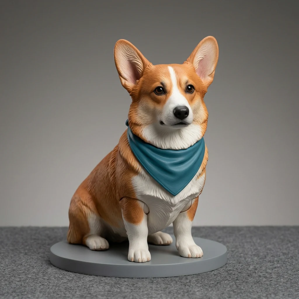 The same corgi transformed into a painted collectible pet figure on an unbranded display base while retaining the coat pattern and teal bandana.
