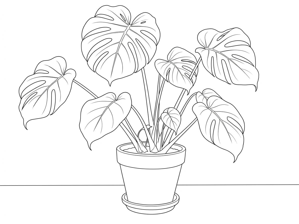 Botanical coloring sheet of the same monstera plant, with leaf contours, open interiors, and an outlined pot.
