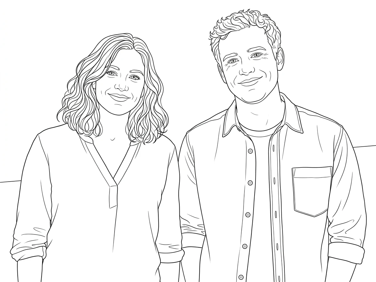 Black-outline coloring page of the same two friends, with recognizable hairstyles, expressions, and open clothing shapes.