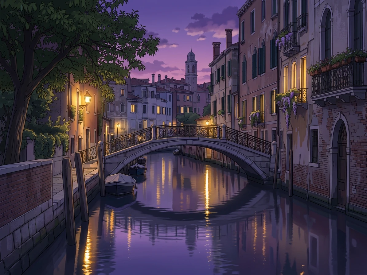 Anime-style canal scene with the same bridge, waterside houses, blue-hour sky, and warm reflections.