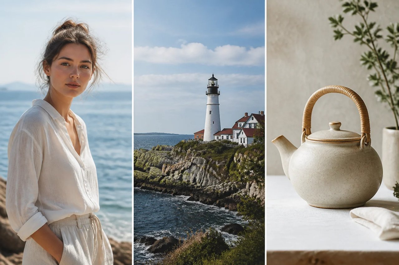 Three strong Watercolor Filter source-image compositions: a clear coastal portrait, a lighthouse with readable horizon, and a simple ceramic still life with separated object shapes.