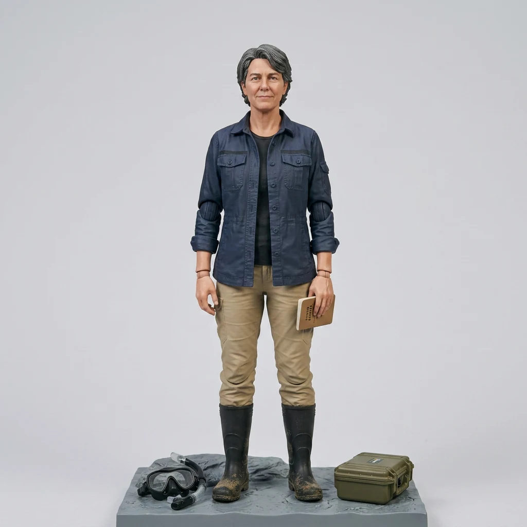 The same marine field researcher transformed into an articulated display figure with the original notebook, diving mask, and specimen case.