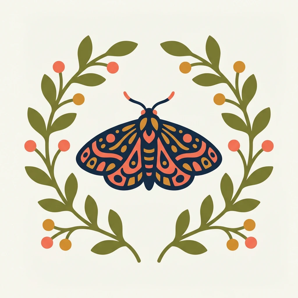 A flat botanical moth motif with leafy stems and berry dots in a limited color palette.