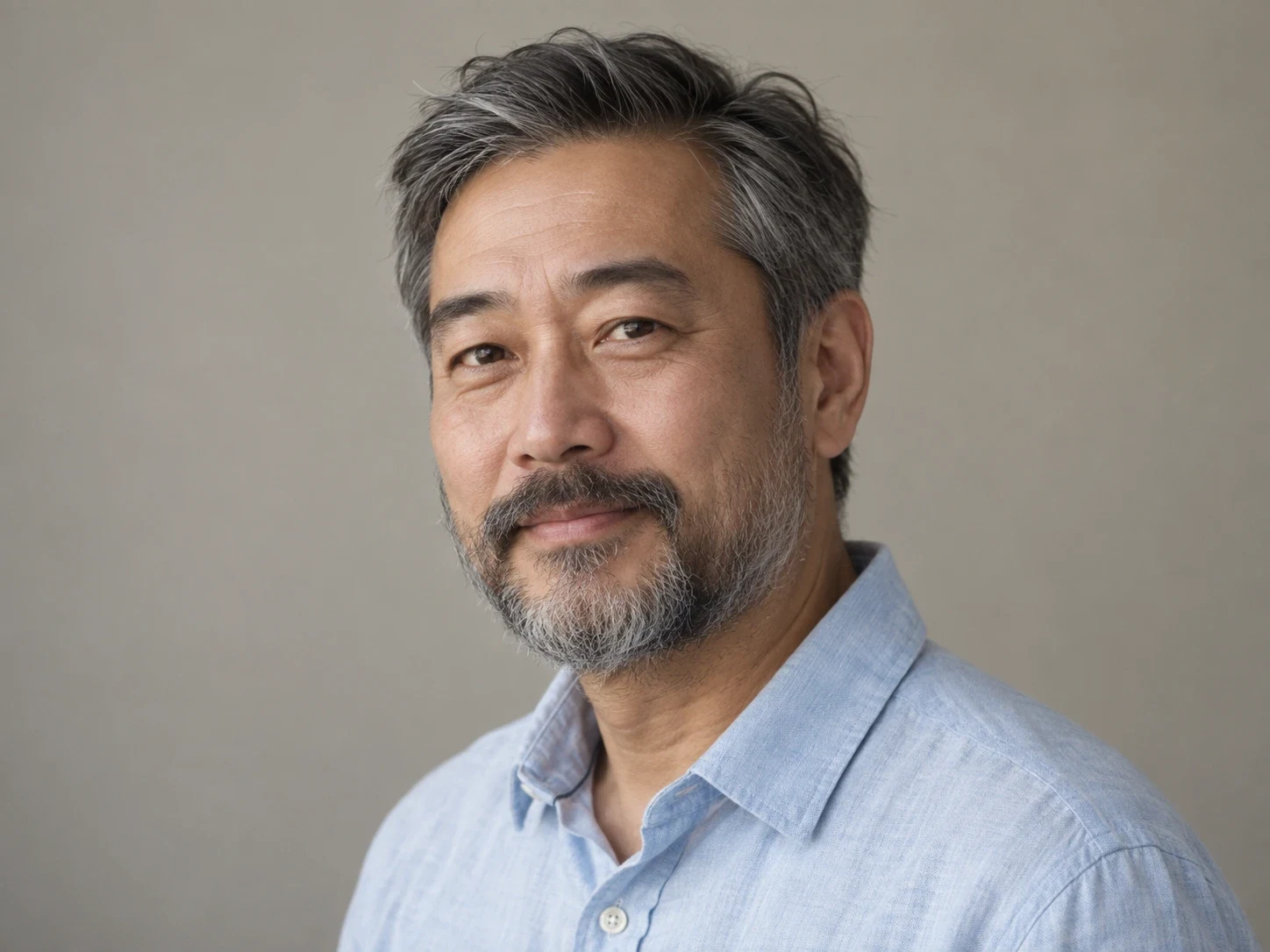 Original adult East Asian man with a salt-and-pepper beard and blue linen shirt, photographed at a slight angle.