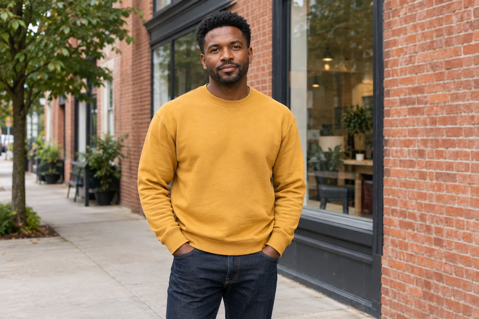 Adult man in contemporary casual clothing on a neighborhood street beside a brick storefront.