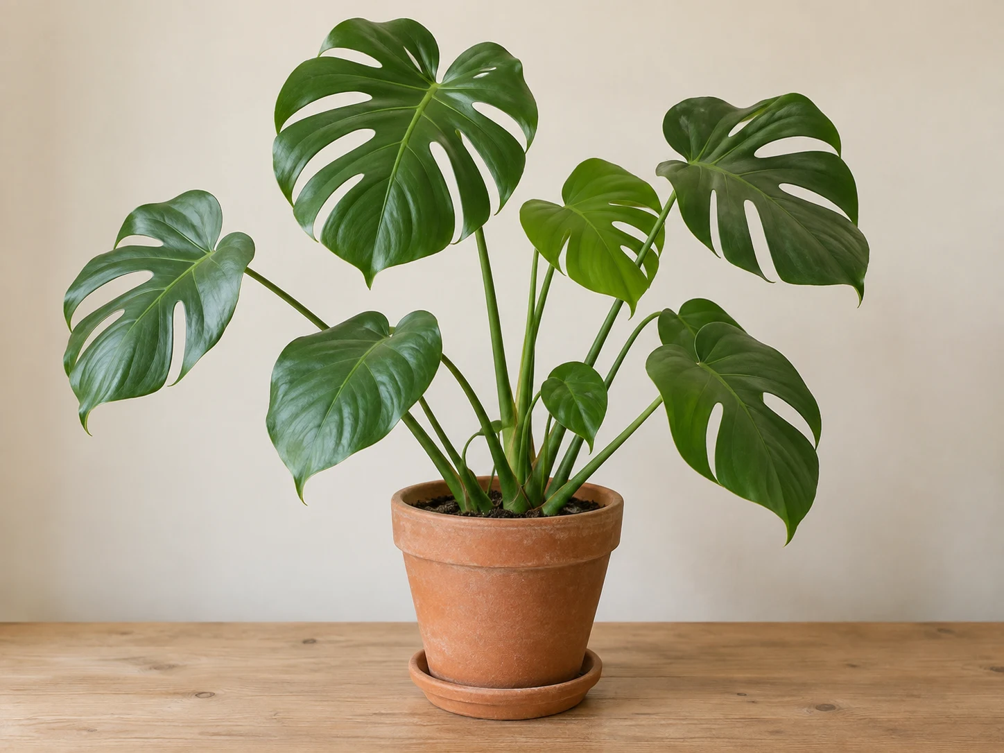 Original monstera plant with separated split leaves in a terracotta pot against a light background.