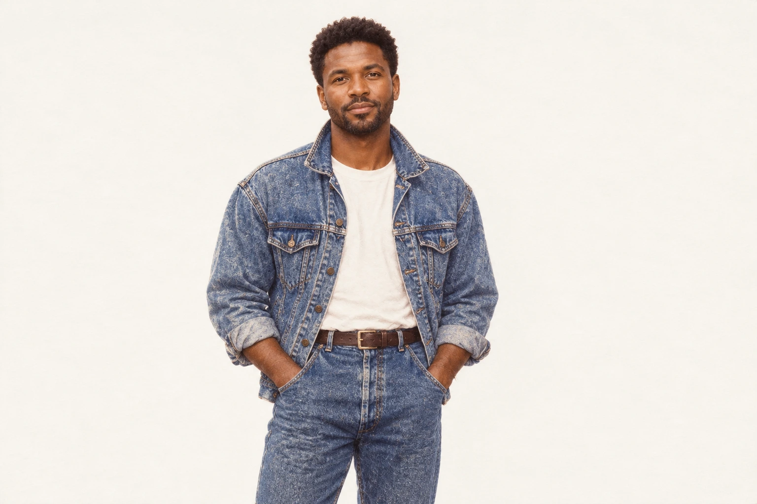 The same man in an acid-wash denim jacket and jeans, reimagined against a light background with warm 1980s film color.