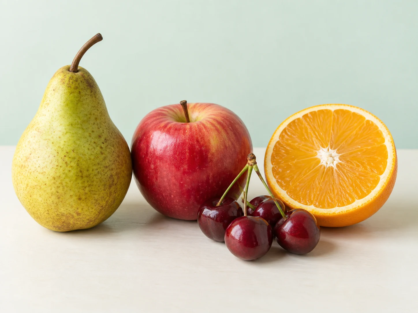 Original still life of a pear, red apple, orange half, and cherries on a pale tabletop.