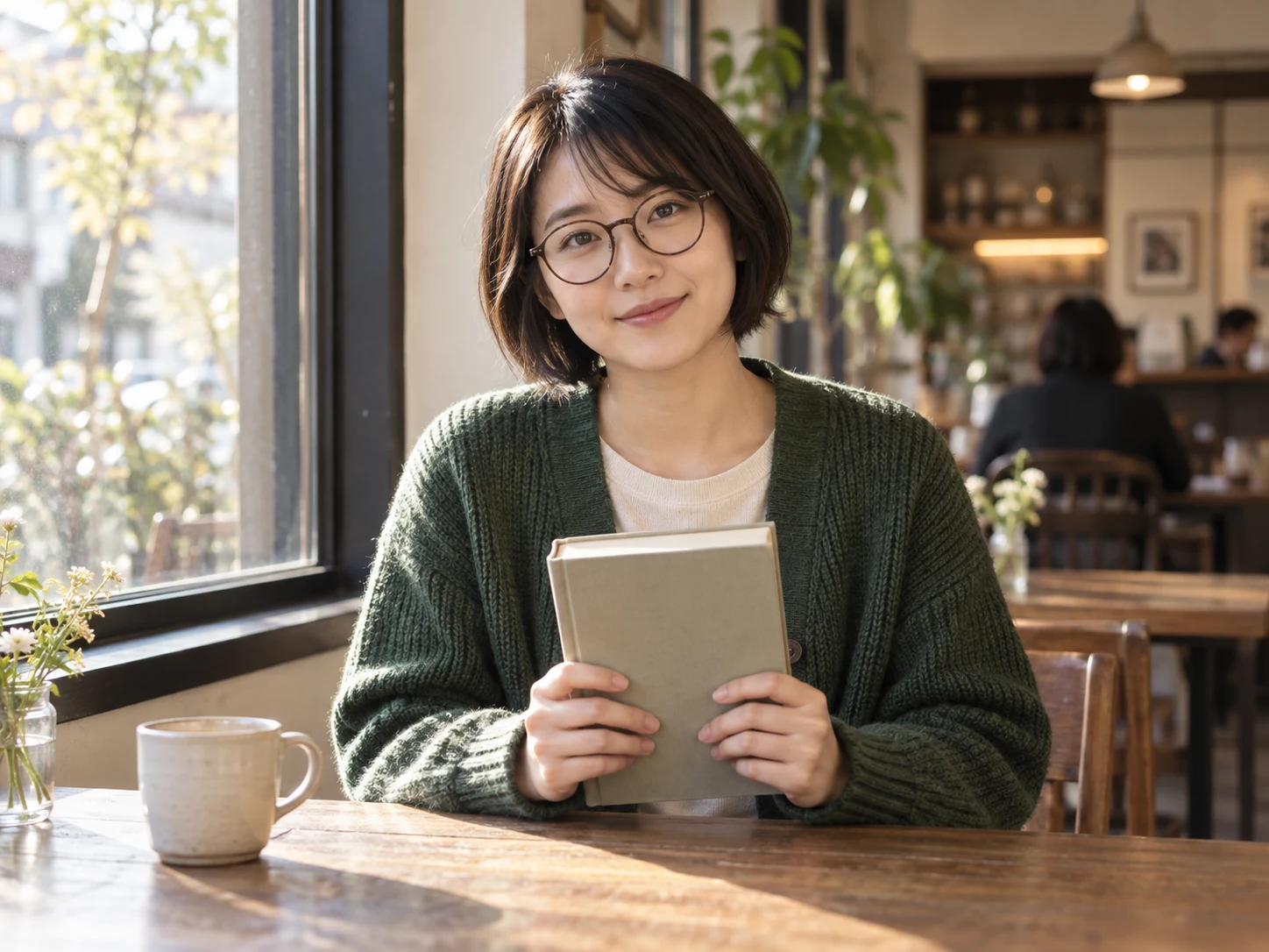 Original adult woman with a short bob, round glasses, and a green cardigan holding a book at a cafe.